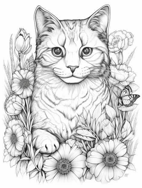 um desenho de um gato sentado em um campo de flores generativo ai