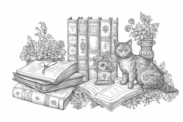 Um desenho de um gato sentado em uma pilha de livros generativo ai