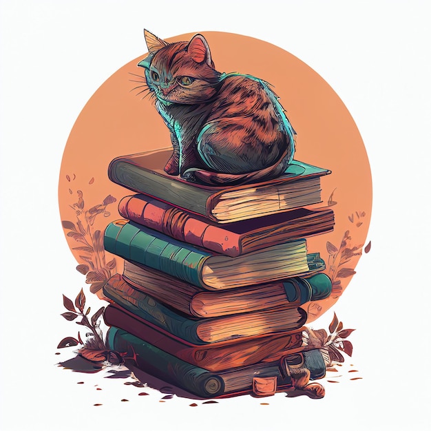 Um desenho de um gato sentado em uma pilha de livros.