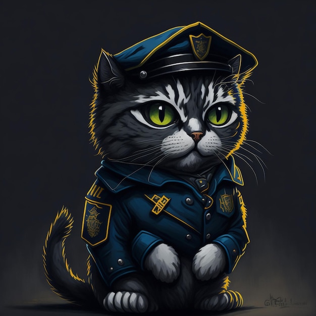 Um desenho de um gato vestindo um uniforme que diz 'polícia' nele