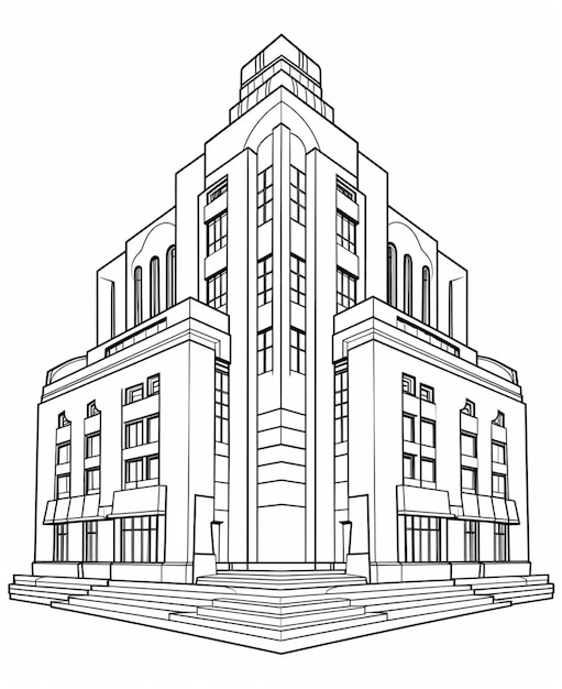 Um desenho de um grande edifício com uma escada subindo para ele