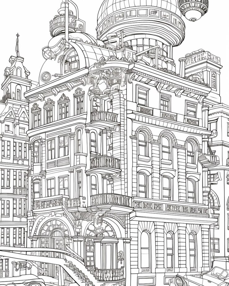 Foto um desenho de um grande edifício com uma torre de relógio no topo