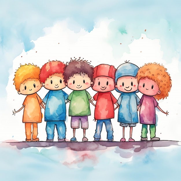 Foto um desenho de um grupo de crianças com os braços uns em volta dos outros
