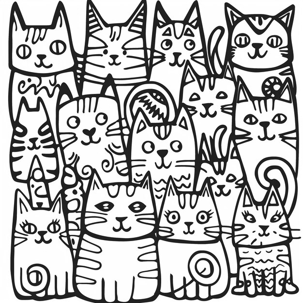 um desenho de um grupo de gatos com rostos diferentes