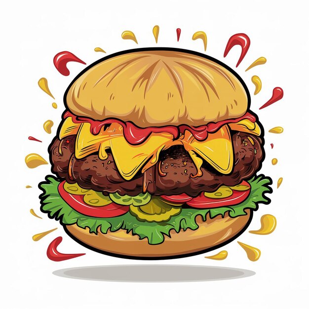Foto um desenho de um hambúrguer com queijo e ketchup