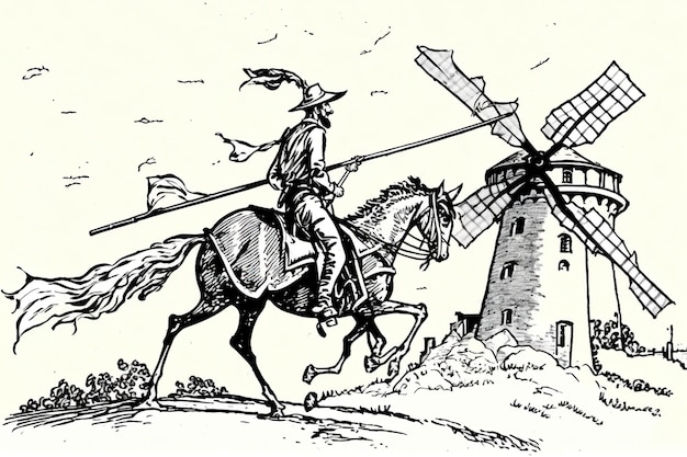 Um desenho de um homem andando a cavalo com um moinho de vento ao fundo.