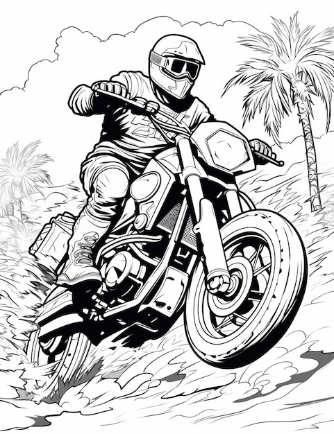 Um desenho de um homem andando de moto em uma estrada de terra generativa ai