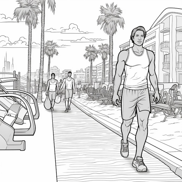 um desenho de um homem caminhando pela calçada ao lado de um parquímetro generativo ai