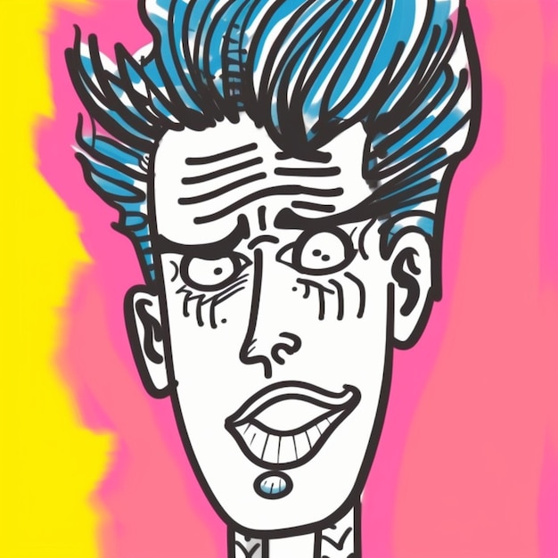 Um desenho de um homem com cabelo azul e um fundo rosa.