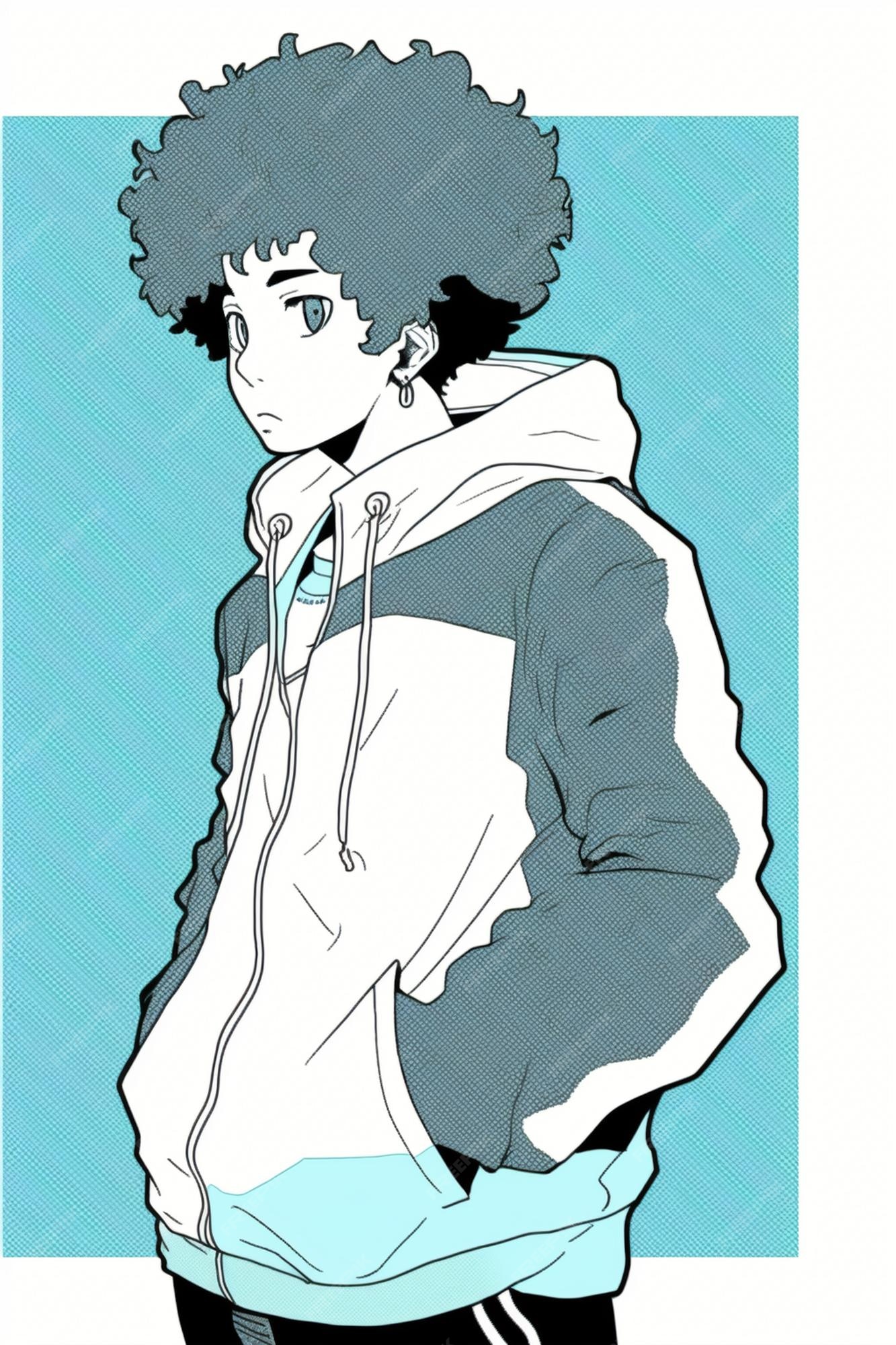 Crie um personagem masculino de anime com cabelo cacheado