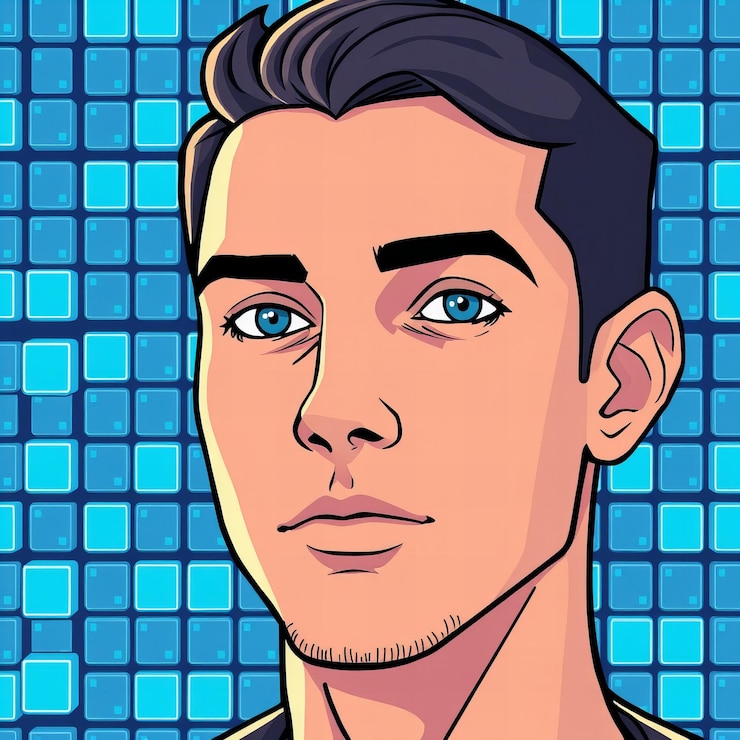 Foto um desenho de um homem com olhos azuis e uma foto de um homem de fato