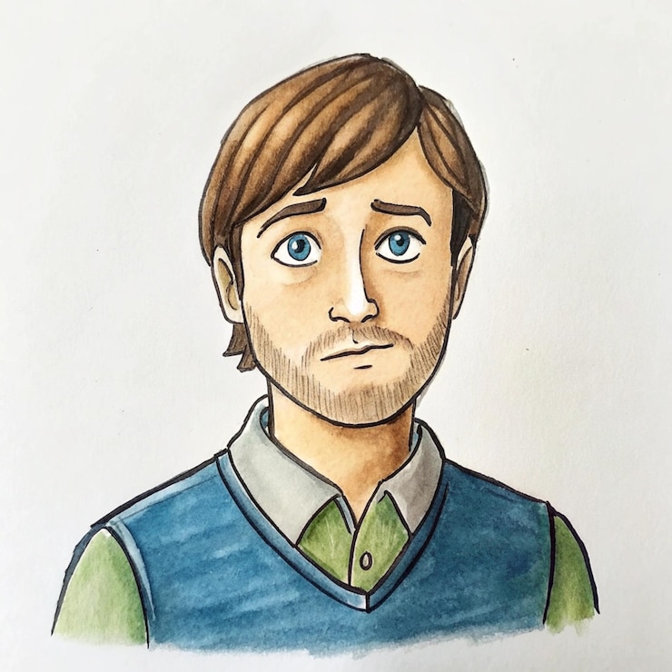 Foto um desenho de um homem com uma camisa azul e um suéter verde