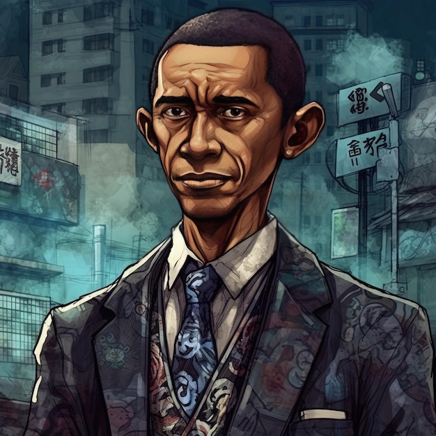 Foto um desenho de um homem com uma gravata e um sinal que diz obama