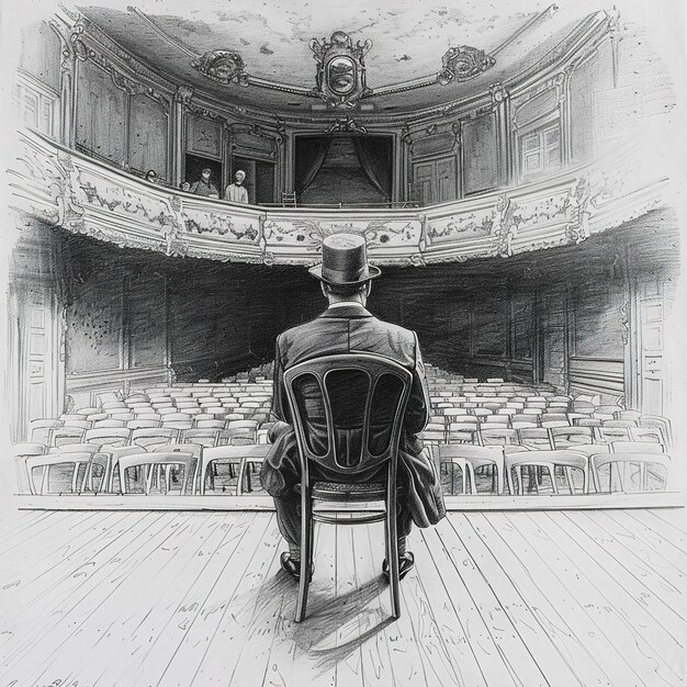 um desenho de um homem de fato sentado na frente de um palco