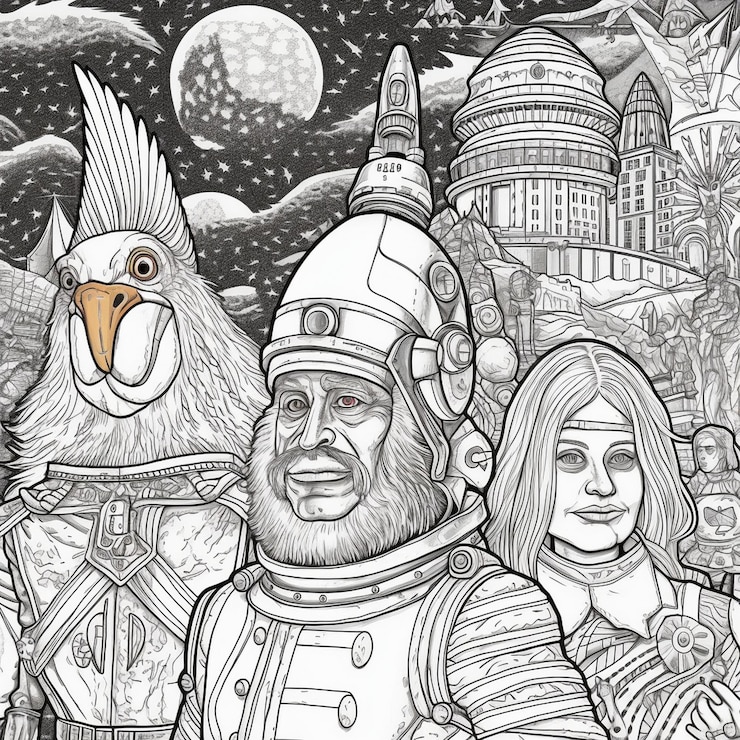 Foto um desenho de um homem e uma mulher com um pássaro na cabeça