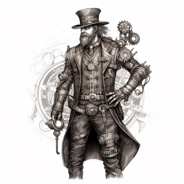 um desenho de um homem em um chapéu e casaco com um relógio generativo ai