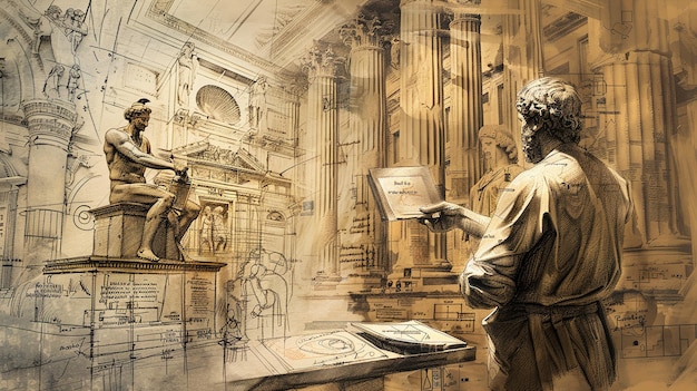 um desenho de um homem lendo um livro na frente de uma estátua