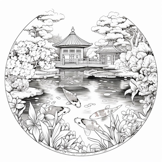 um desenho de um jardim japonês com uma lagoa e um pagode generativo ai