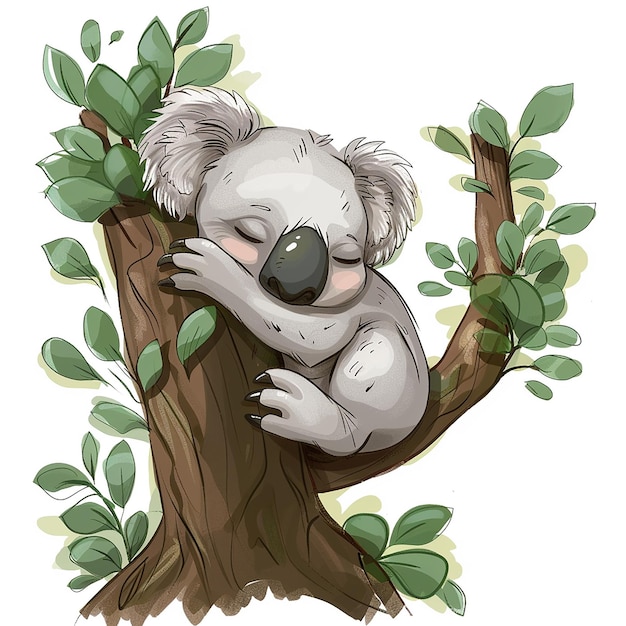 um desenho de um koala dormindo em uma árvore