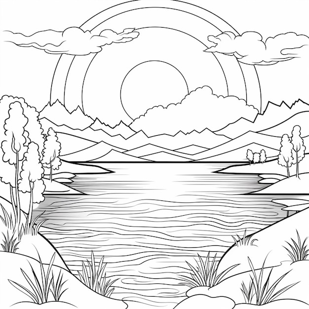 Um desenho de um lago com montanhas e árvores no fundo