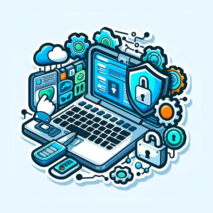 Foto um desenho de um laptop com uma tela azul que diz macbook