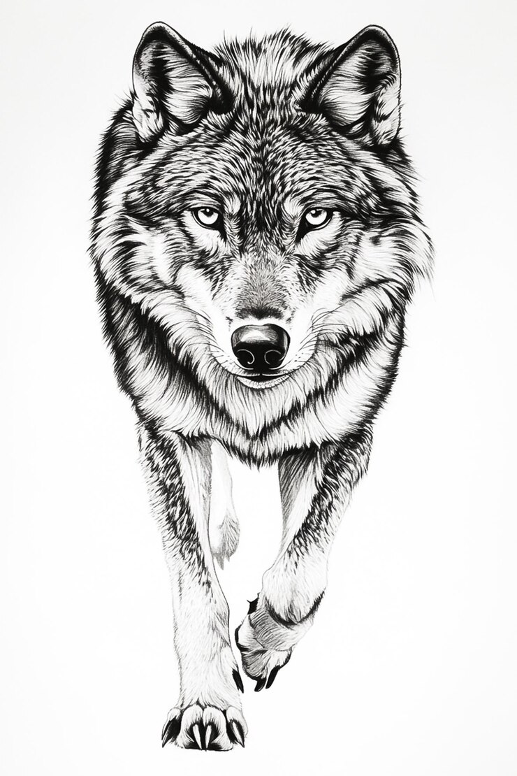 Foto um desenho de um lobo caminhando sobre um fundo branco