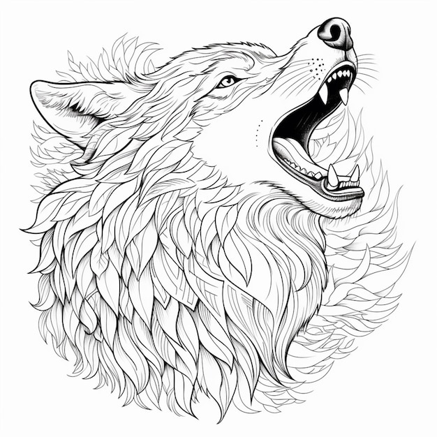 um desenho de um lobo com a boca aberta e os dentes bem abertos generativa ai