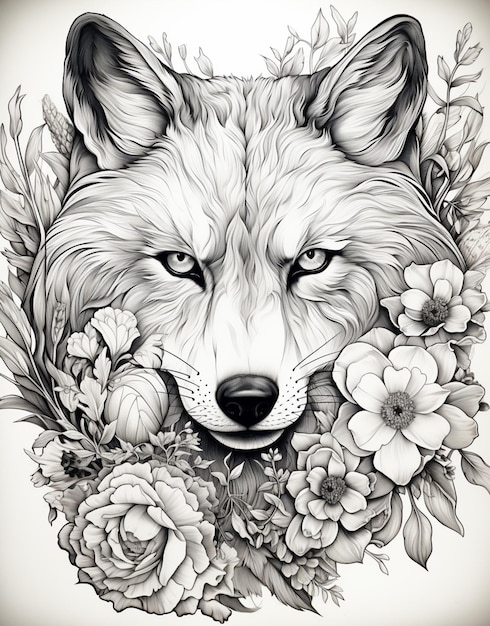 um desenho de um lobo com flores ao redor de seu pescoço generativo ai