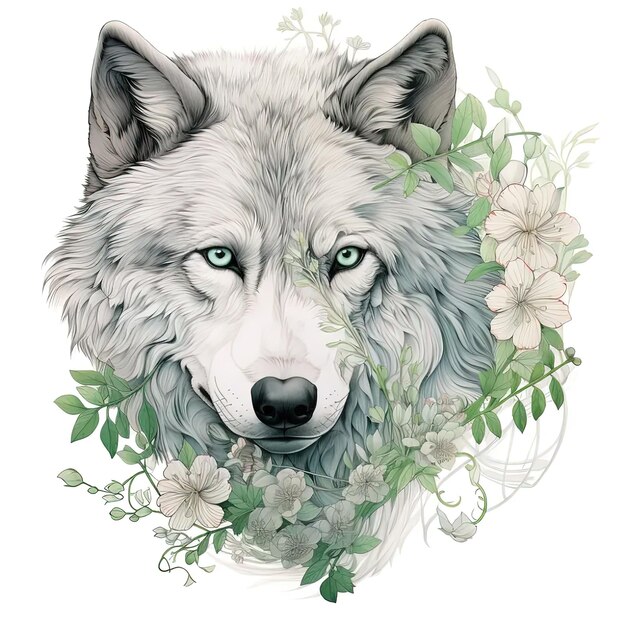 Um desenho de um lobo com flores ao redor do pescoço
