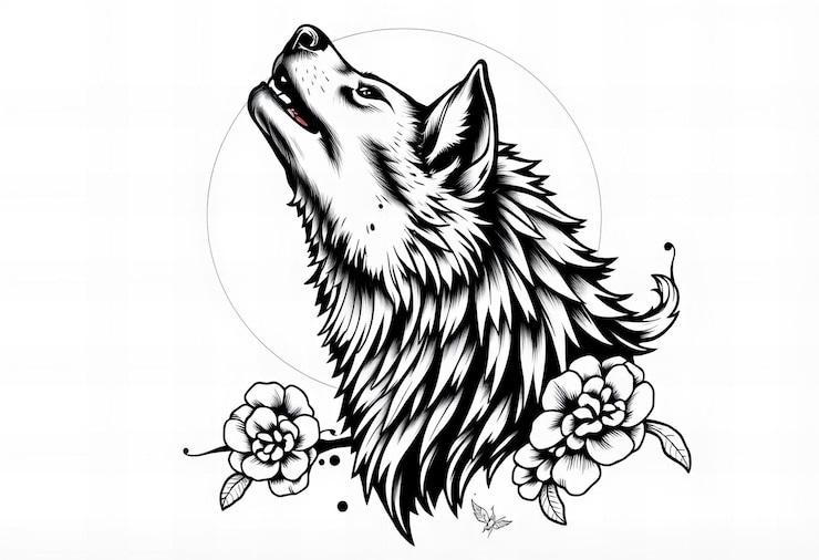 Foto um desenho de um lobo com flores e um lobo nele