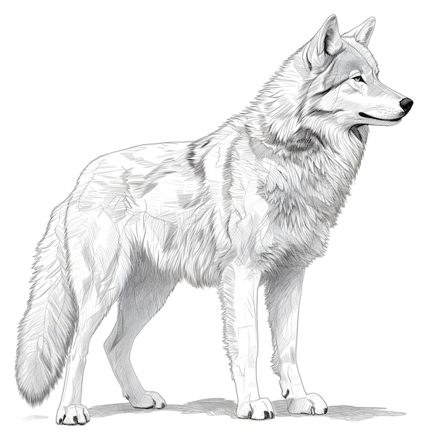 Um desenho de um lobo com fundo branco e nariz preto.