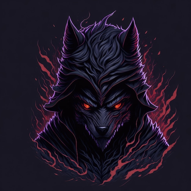 Um desenho de um lobo com olhos vermelhos e um brilho roxo.