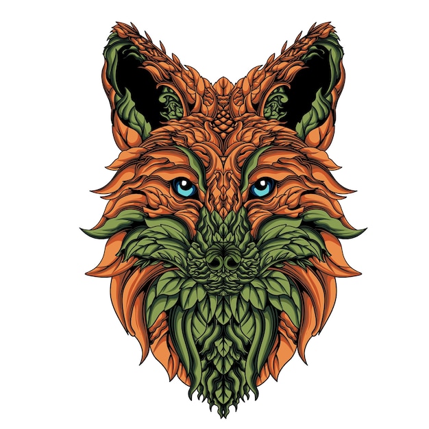 um desenho de um lobo com um rosto verde e laranja