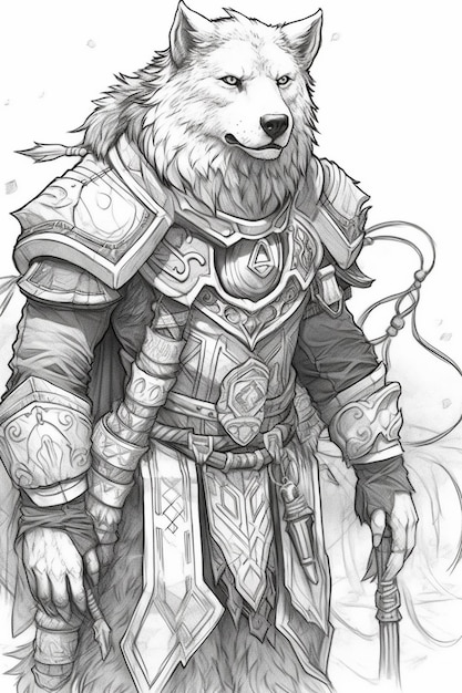 um desenho de um lobo com uma espada e armadura generativa ai