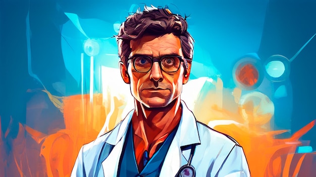 um desenho de um médico com óculos e uma bata de laboratório branca