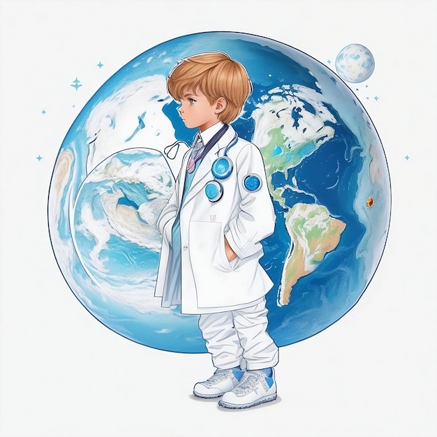 Um desenho de um menino com uma bata de laboratório e o mundo em uma imagem