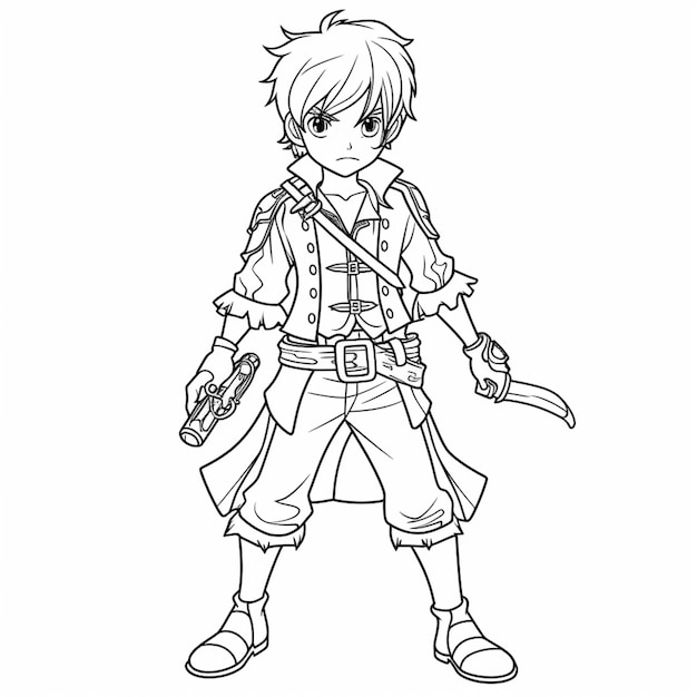 um desenho de um menino com uma espada e um chapéu generativo ai
