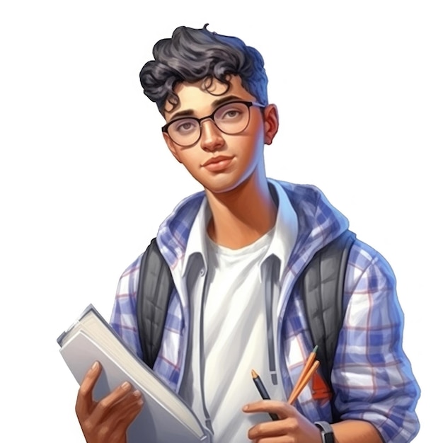 Foto um desenho de um menino de óculos e camisa que diz “ele está segurando um caderno”.