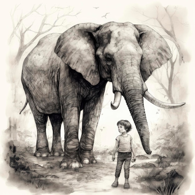 Um desenho de um menino e um elefante