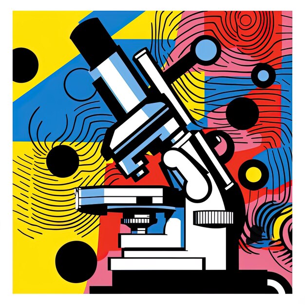 um desenho de um microscópio com um fundo colorido e um fondo colorido