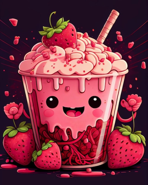 Um desenho de um milk-shake de morango com um morango nele.