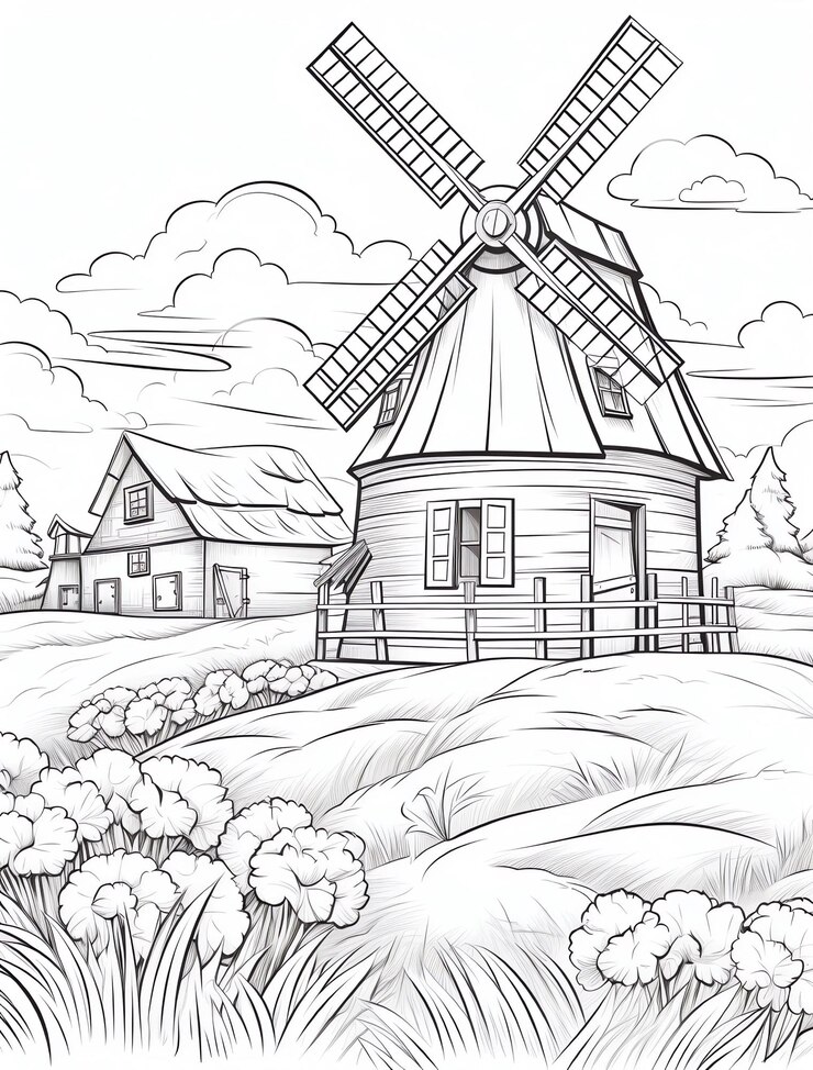 Foto um desenho de um moinho de vento com um campo e um campo com um campo de flores