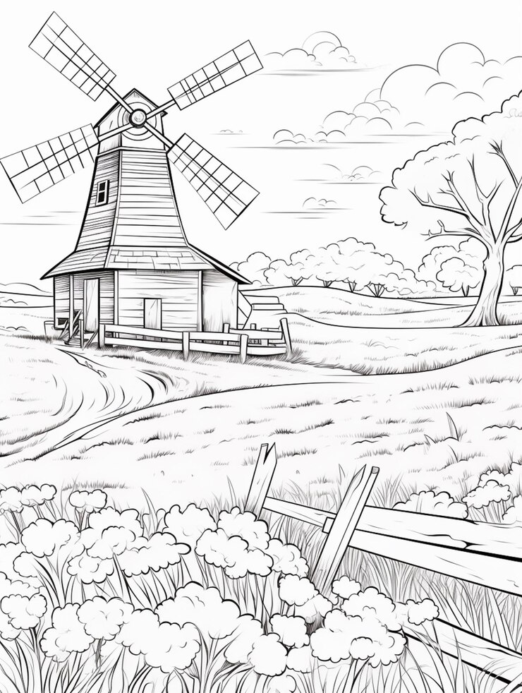 Foto um desenho de um moinho de vento em um campo com uma cerca generativa ai