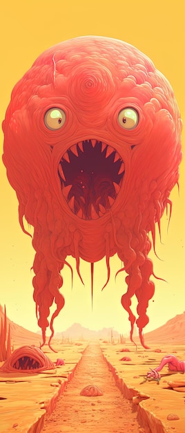 Foto um desenho de um monstro vermelho com um fundo amarelo