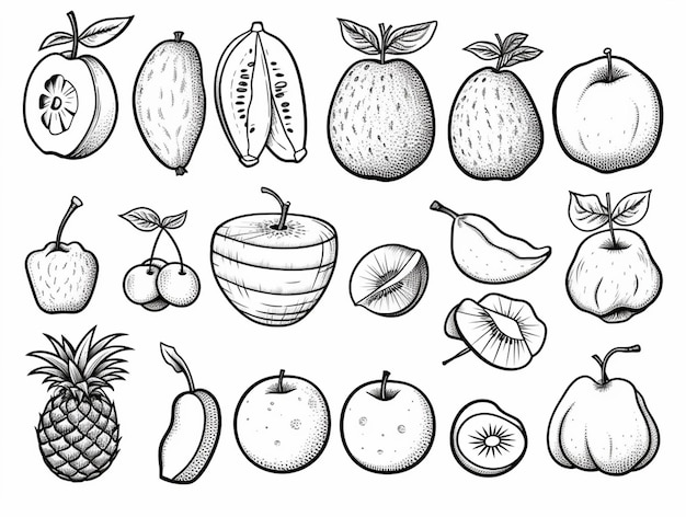 um desenho de um monte de diferentes frutas e vegetais generativos ai