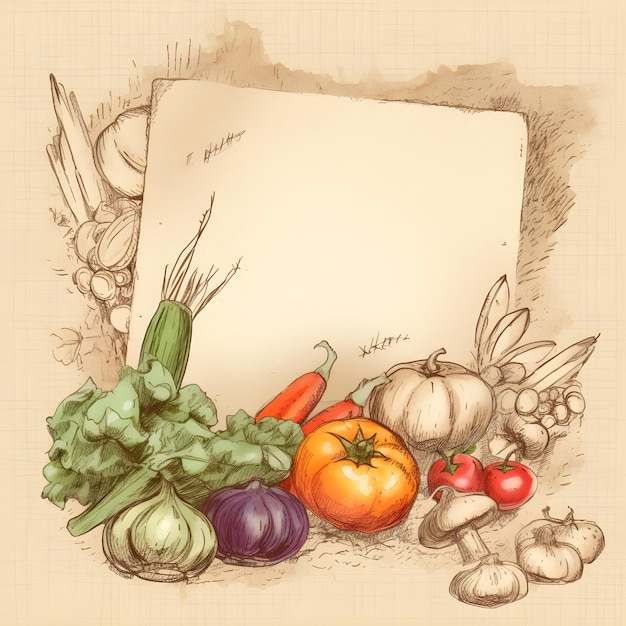 Foto um desenho de um monte de legumes com um papel em branco no fundo.