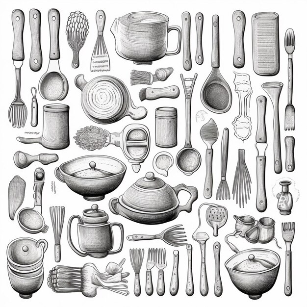 Foto um desenho de um monte de utensílios de cozinha e utensídios de cozinha generativos ai