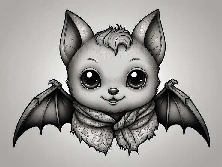 Foto um desenho de um morcego com um fundo preto e branco