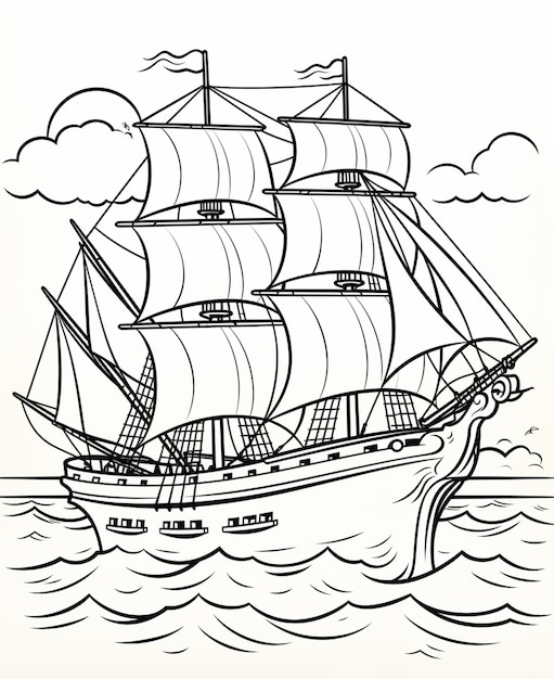 Um desenho de um navio a navegar no oceano com nuvens generativas ai