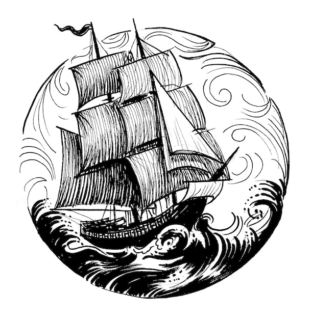 Um desenho de um navio com velas no oceano